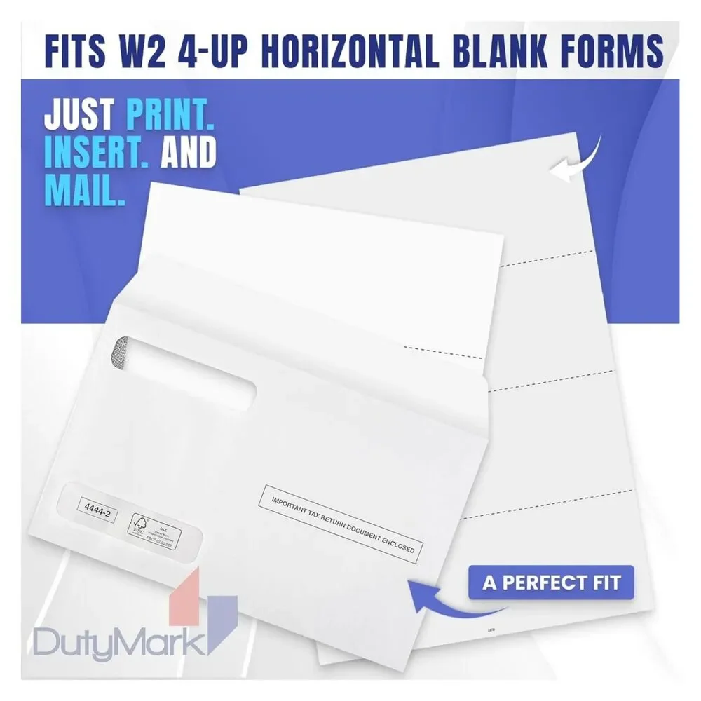 200 Count Tax Envelopes Designed for W2 Forms 4 Up Horizontal Format